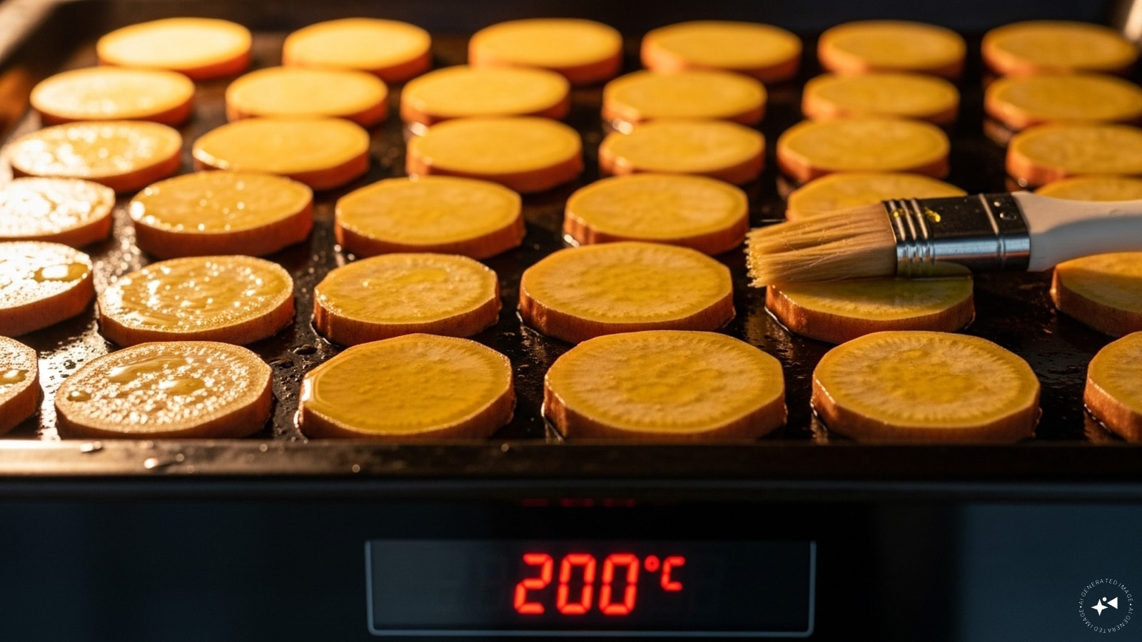  Next, preheat the oven to 200°C. Gently, brush the sweet potatoes with olive oil, ensuring they are evenly coated, and place them neatly on a baking tray.