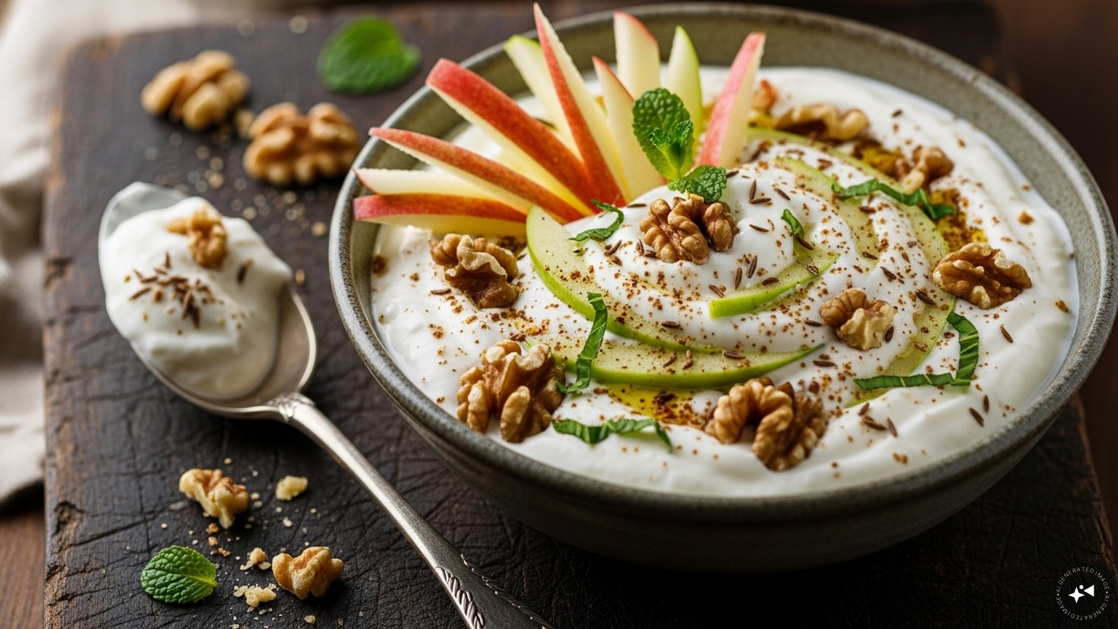Apple And Walnut Raita: Crisp apple chunks paired with crunchy walnuts in a yogurt base give this raita a perfect balance of texture and flavour. This raita is not only tasty but also offers healthy fats and fiber, great for digestion.