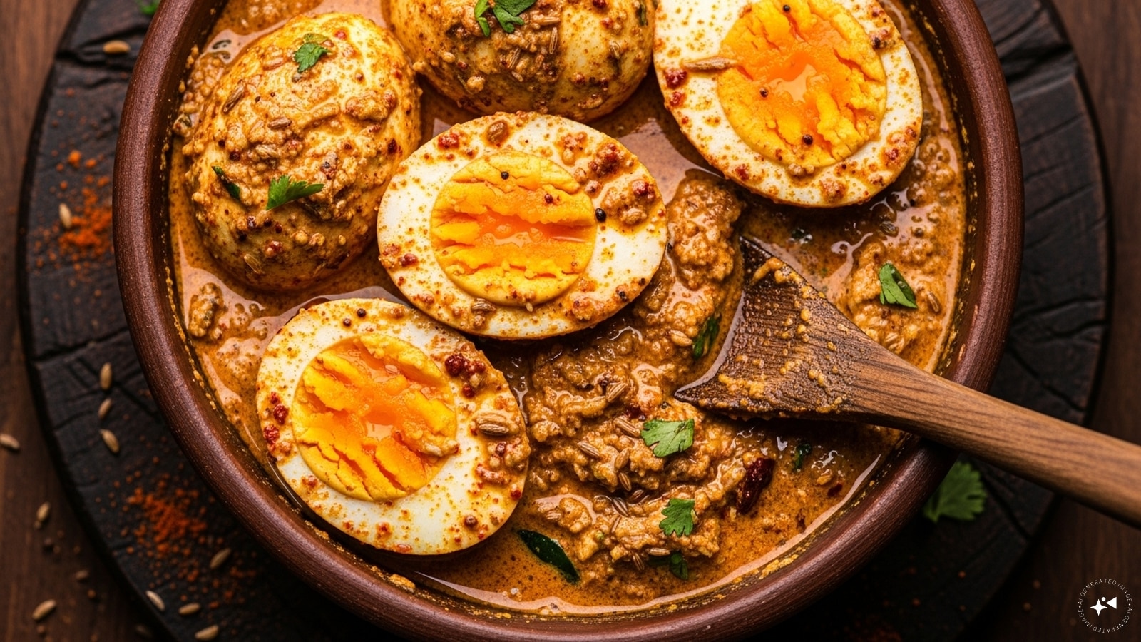 Firstly, hard-boil the eggs, peel and marinate them in a mix of curd and spices. 