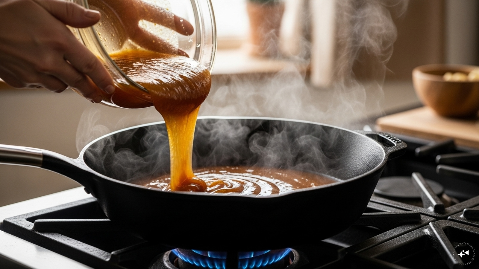  Then, take a heavy-bottomed pan and heat it. Pour the mixture slowly into the pot. 