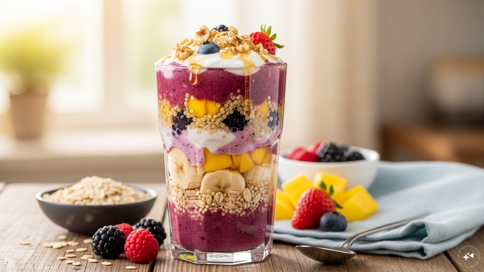  Multigrain Smoothies: Boost your smoothies with cooked multigrains like quinoa or oats. Blending them with fruits, yogurt, and nuts adds fiber, protein, and texture. This simple addition transforms a regular smoothie into a balanced, nutrient-packed drink suitable for breakfast or a post-workout snack.