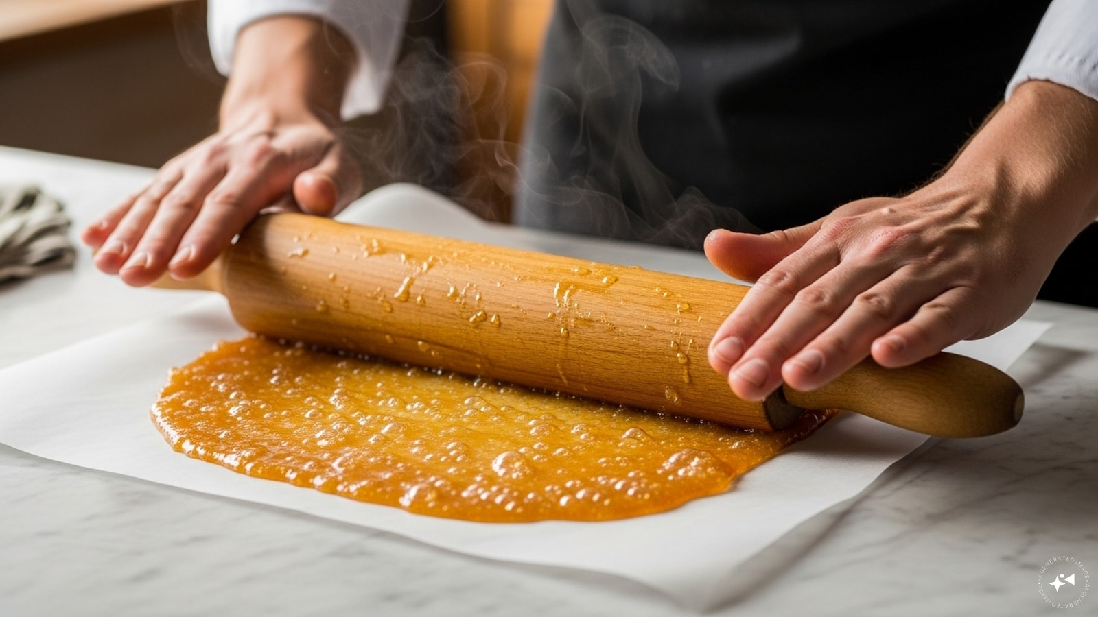 Transfer the mixture to a greased surface and place the parchment on top, and roll it thin with a greased rolling pin while it is hot.