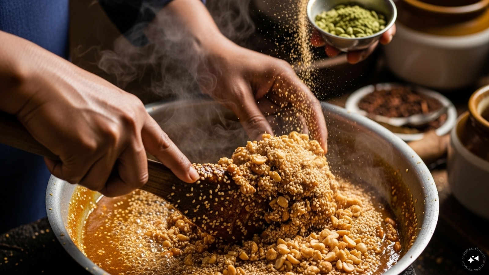 Sprinkle the cardamom powder and mix fast, ensuring that the aroma spreads evenly without letting the jaggery cool or harden too soon. 