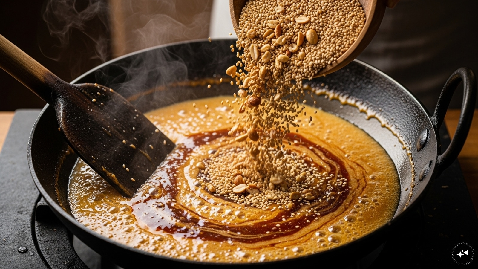 Then, add the roasted sesame seeds and peanuts to the molten jaggery. 