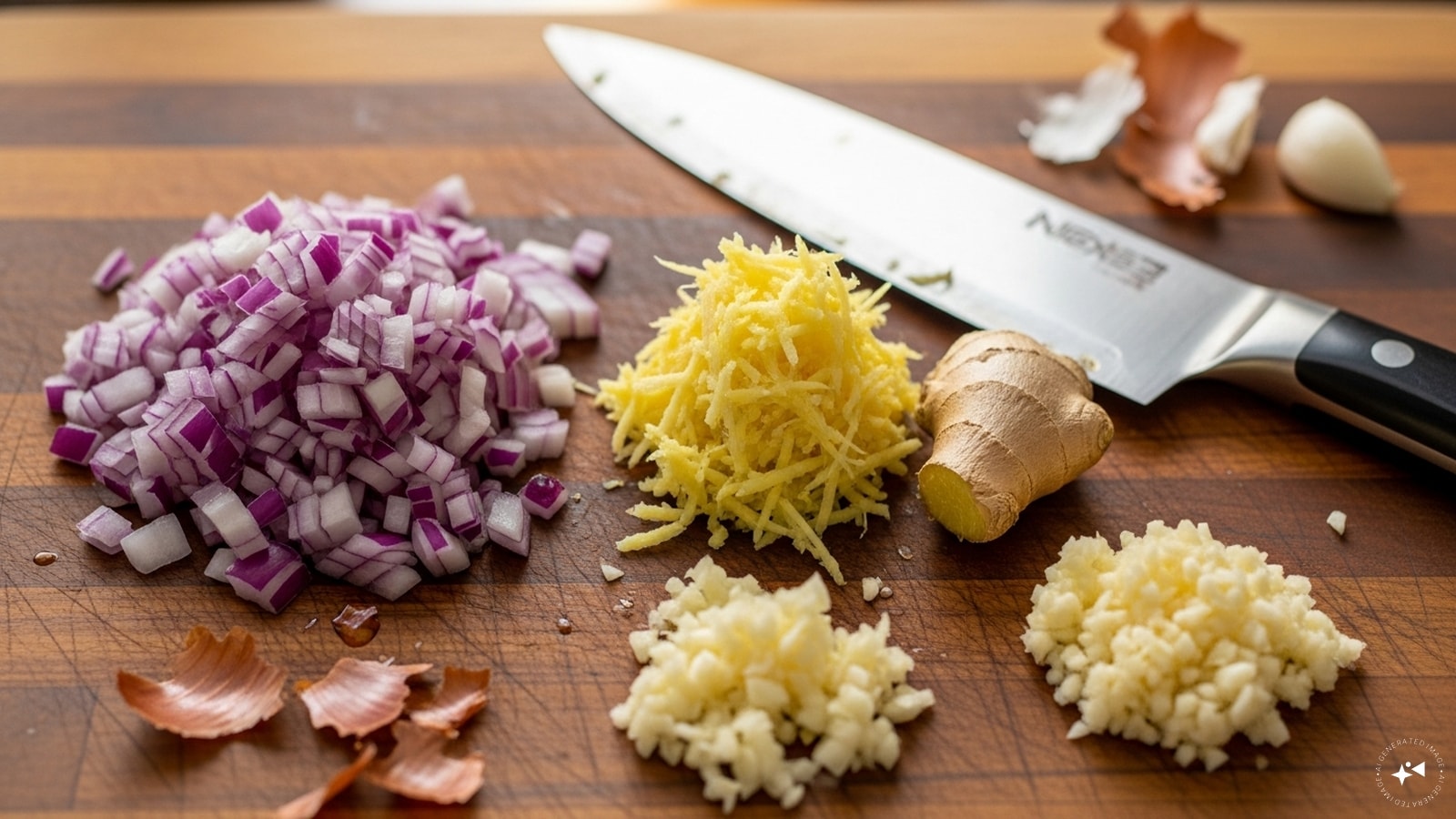  Next, add chopped onion, ginger and garlic. 