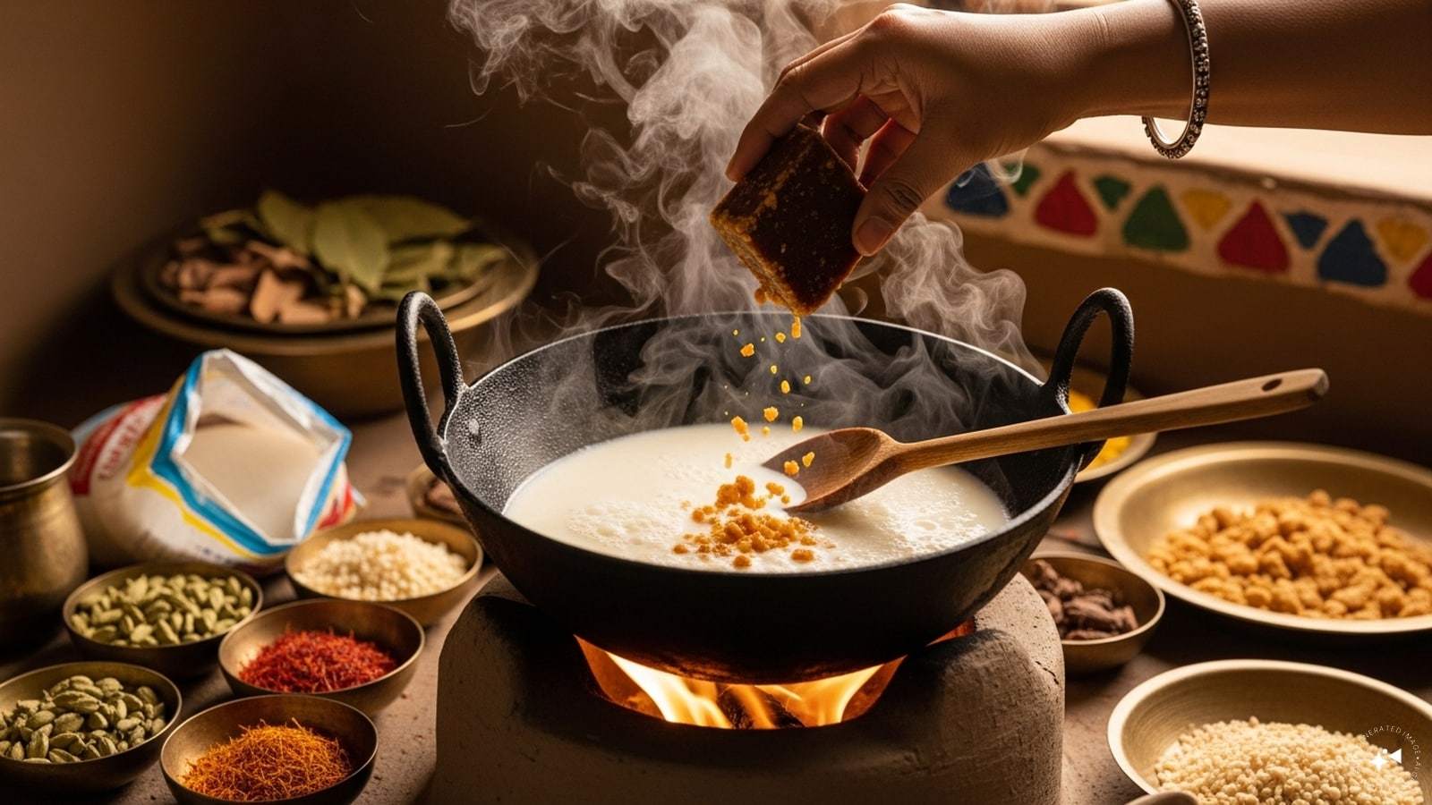 Once the milk has thickened, stir in sugar or jaggery until fully combined. 