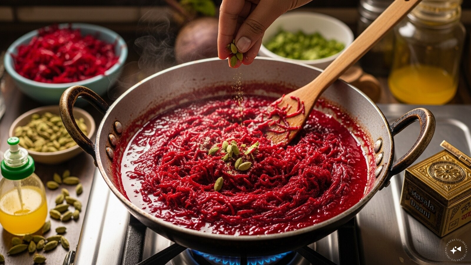Then, add a pinch of cardamom and mix well, allowing its aromatic flavour to infuse the halwa for a rich and fragrant taste.