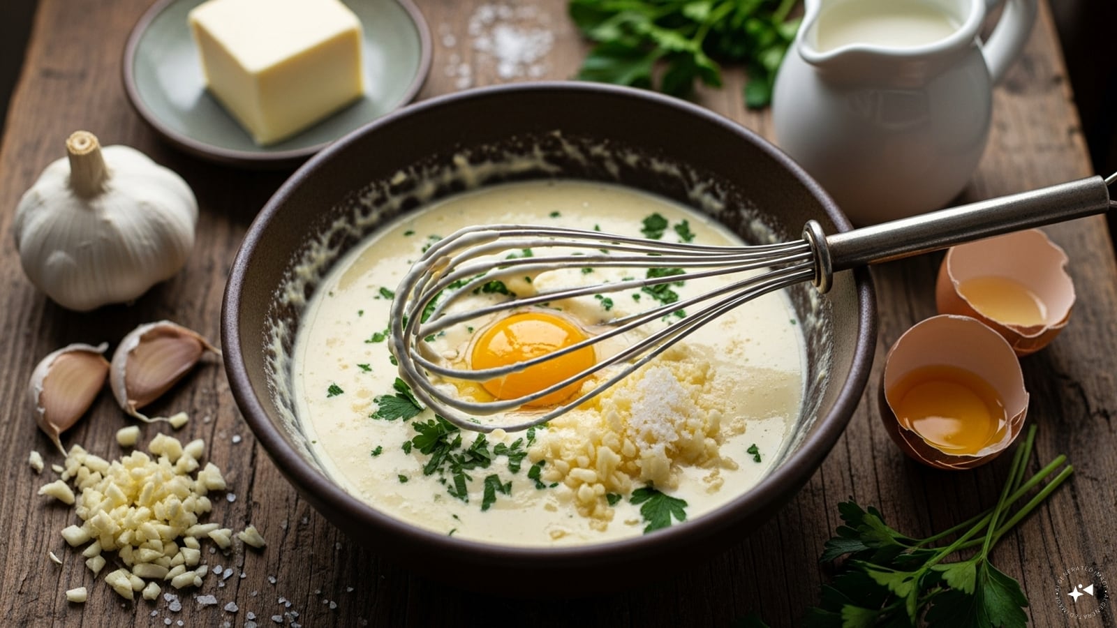 Whisk butter, garlic, cream, egg, parsley, and salt into a thick mixture. 