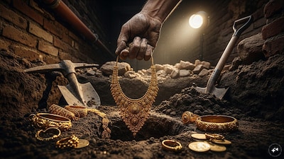 Gold ornaments weighing nearly 470 grams were found in an ancient copper pot during house excavation in Lakkundi, Gadag. Officials secured the site and launched an investigation. (AI Image)
