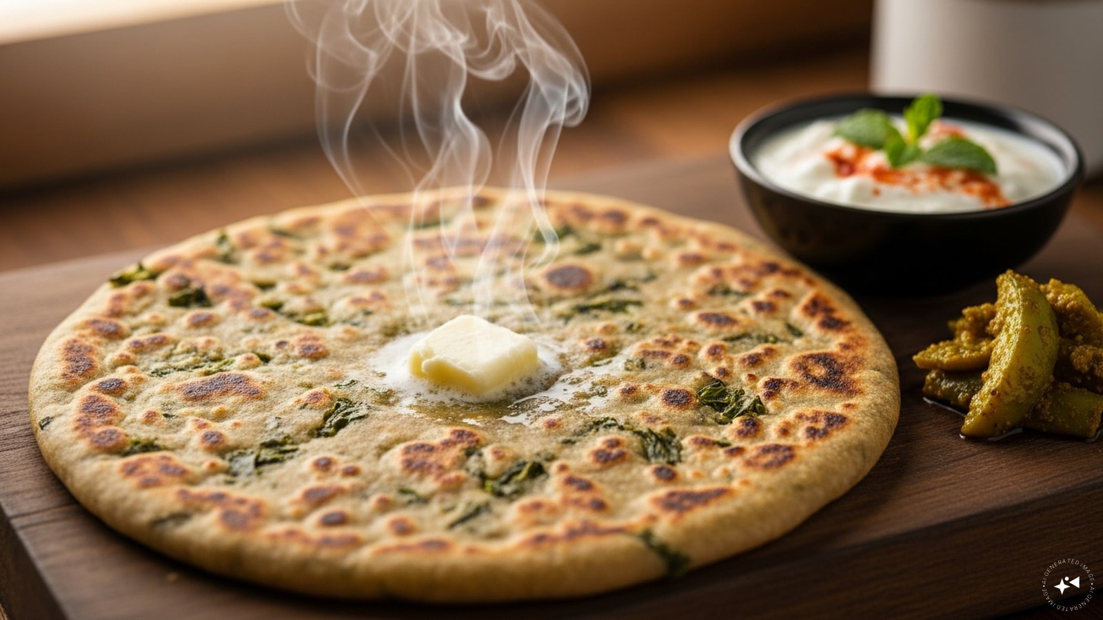 Methi Paratha: Methi parathas are whole wheat flatbreads stuffed or kneaded with chopped fenugreek leaves, green chilies, and spices. They are wholesome, filling, and pair perfectly with curd or pickle. The warmth of methi makes them ideal for chilly mornings.