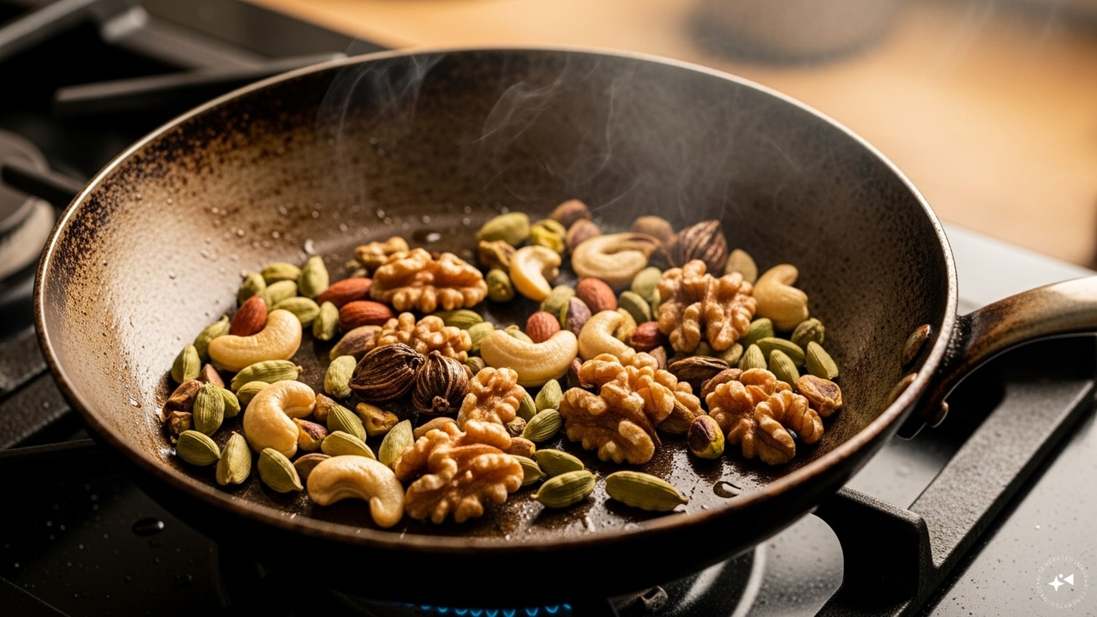 Then, lightly roast cardamom, cashew, walnut and pistachios.