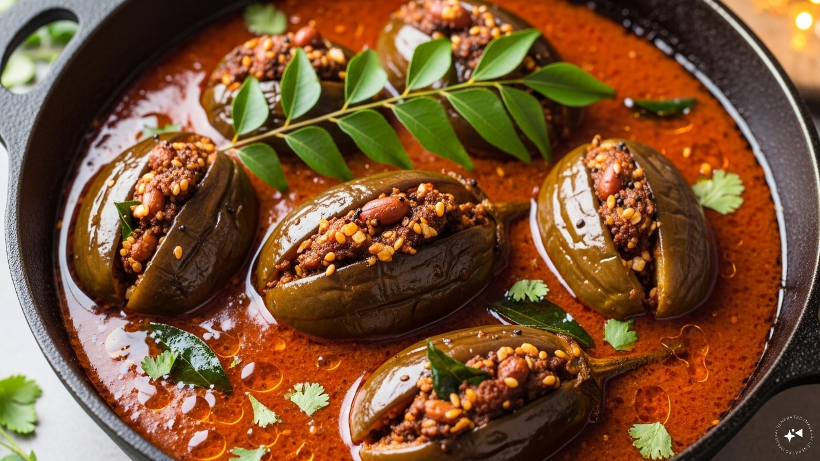 Ennegayi: In North Karnataka, brinjal is transformed into ennegayi, a stuffed delicacy. Baby brinjals are filled with a masala paste made from roasted peanuts, sesame seeds, coconut, and spices, then simmered in oil until tender. The dish pairs beautifully with jowar rotis, making it a rustic yet wholesome meal.