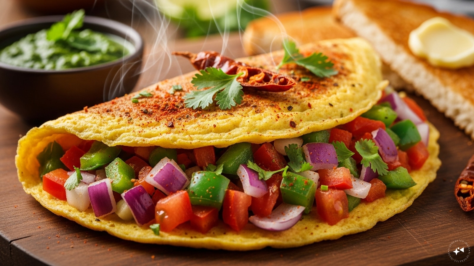 Masala Omelette With Veggies: Masala omelette combines eggs with onions, tomatoes, and chilies for a flavourful, protein-rich breakfast. Eggs provide complete protein and essential nutrients. Quick to cook, this dish keeps you full, energizes your morning, and supports overall muscle and brain health.
