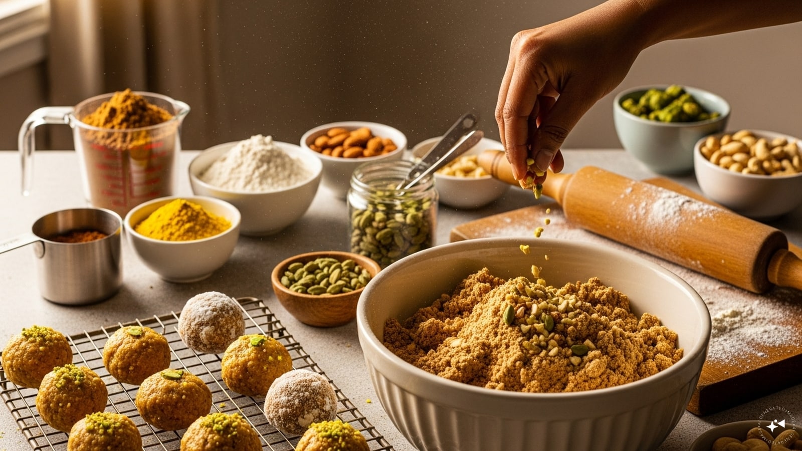  Ingredients: 1 cup methi powder, 4 cups of wheat flour, 4 cups of jaggery powder, 10 cup of ghee, ½ teaspoon of cardamom powder, 1 cup of chopped nuts. 