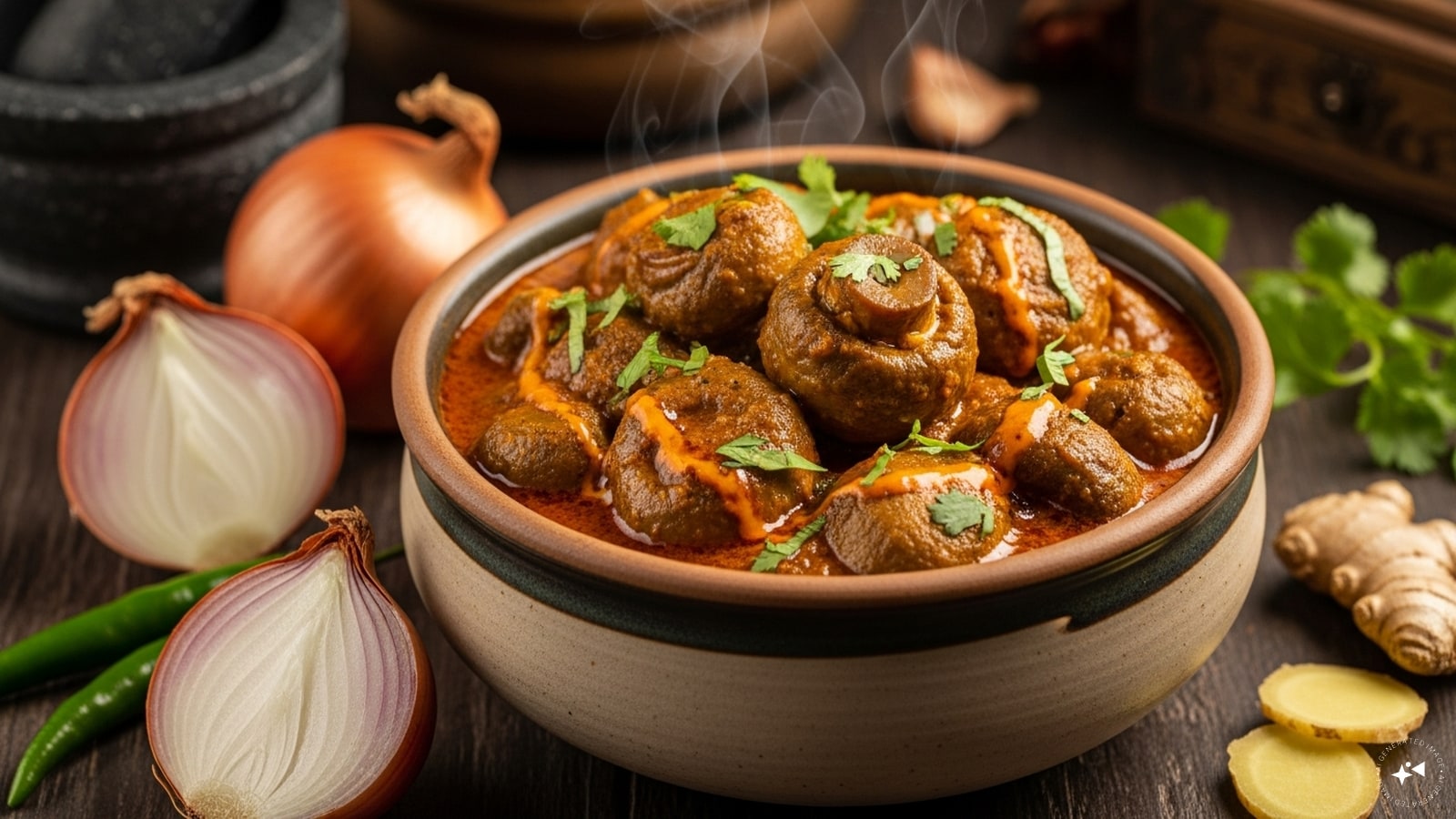 Khumb Do Pyaza: Onions are added at two different stages&mdash;once as a paste and once as crunchy petals&mdash;creating a sweet, caramelized contrast to the earthy, saut&eacute;ed mushroom slices.