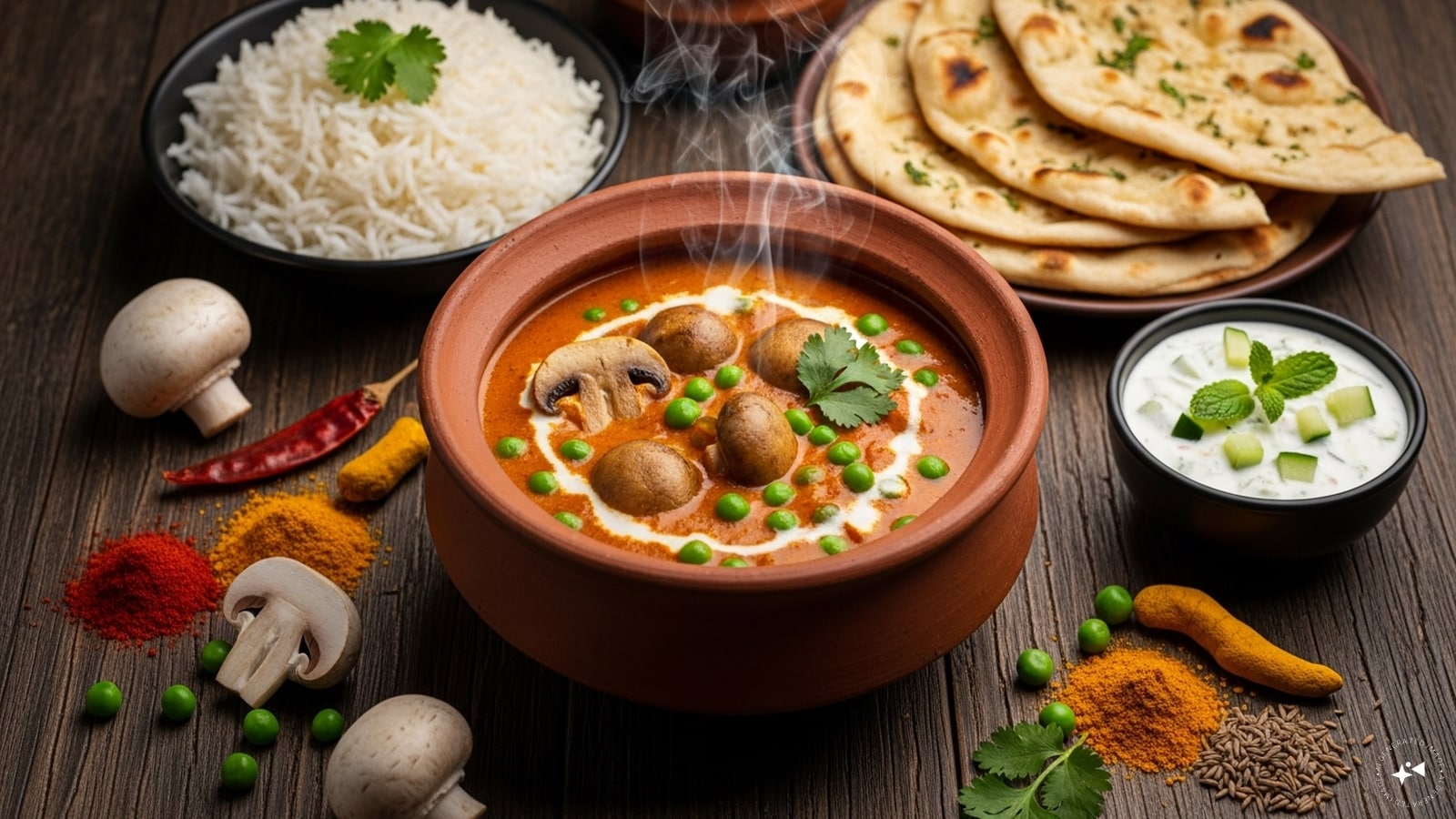 Mushroom Mattar: A beloved winter comfort food, this dish pairs succulent mushrooms with sweet green peas. Simmered in a mild, turmeric-tinged gravy, it is a nutritional powerhouse that is a common fixture in everyday Indian household meals.