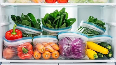 Storing vegetables in plastic bags in the fridge can speed spoilage, reduce freshness, and expose you to harmful chemicals like BPA. (AI Generated)