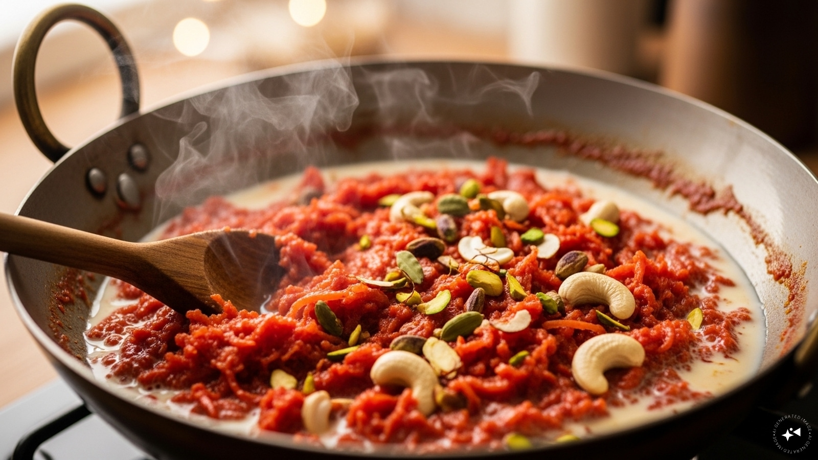 Caramelize for depth: Continue cooking, scraping the sides and bottom, letting the halwa slowly reduce. A thin film of ghee starts releasing, and you’ll see the mixture pull together. This stage, another 5-10 minutes, adds that halwai-style flavor.