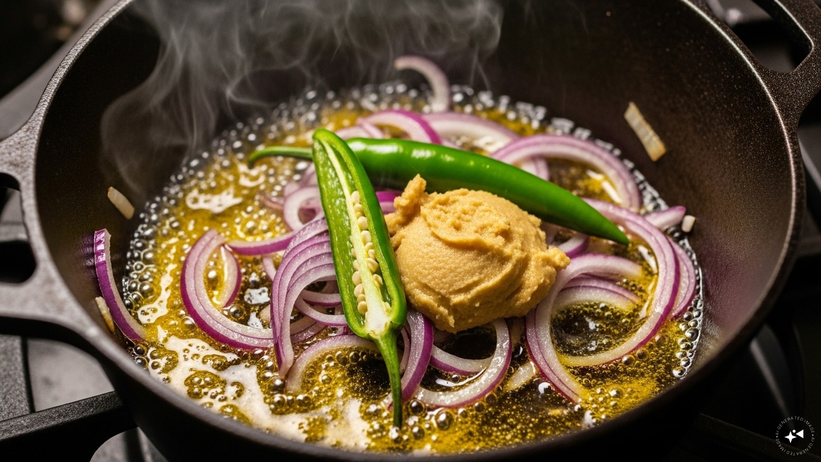 Now, heat some ghee in a pot and saute sliced onion. Add ginger-garlic paste and green chillies. 