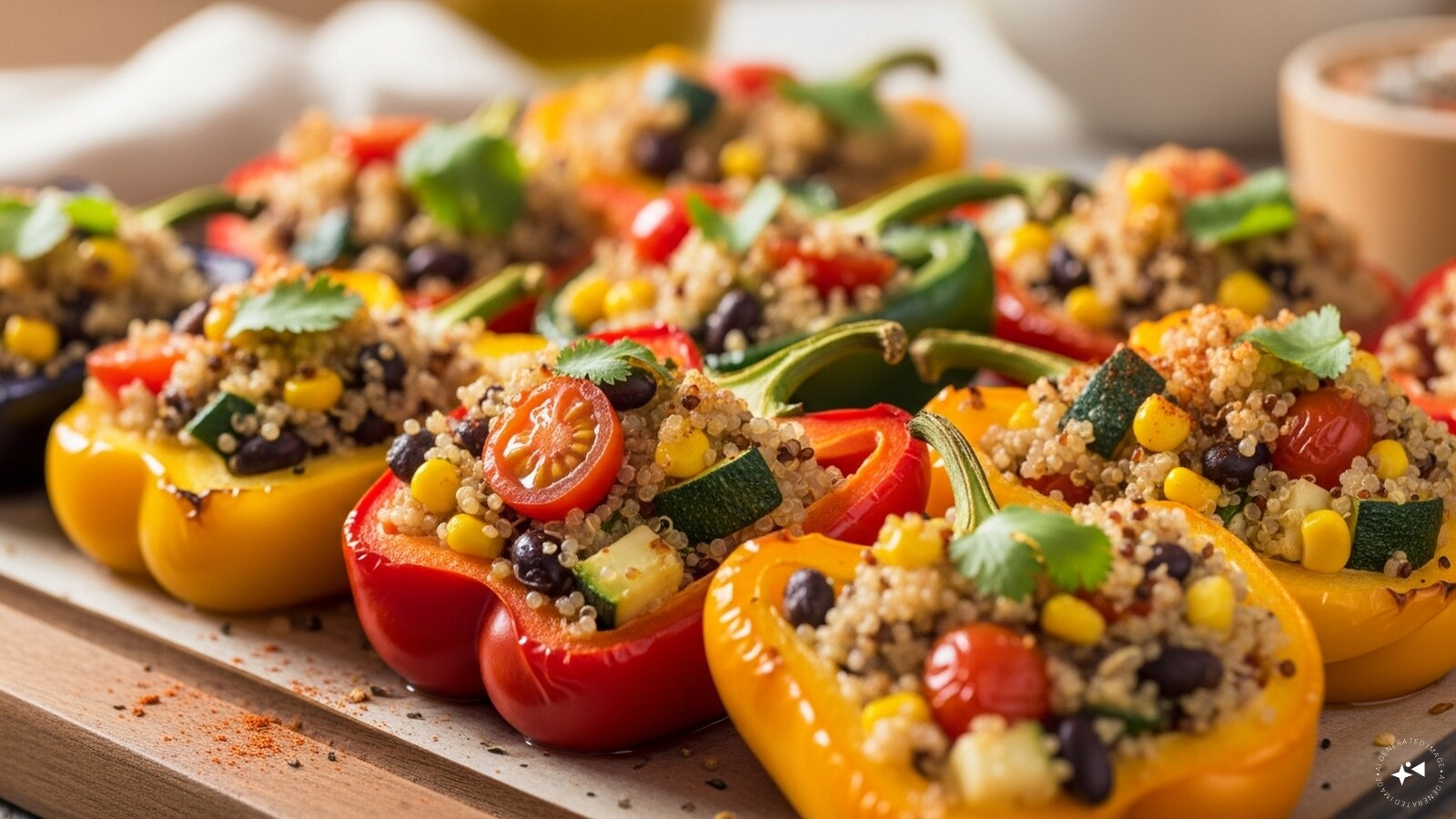 Quinoa Stuffed Peppers: Fill halved bell peppers with a mixture of quinoa, black beans, corn, and spices. Bake until tender for a colourful, high-protein vegetarian main dish.