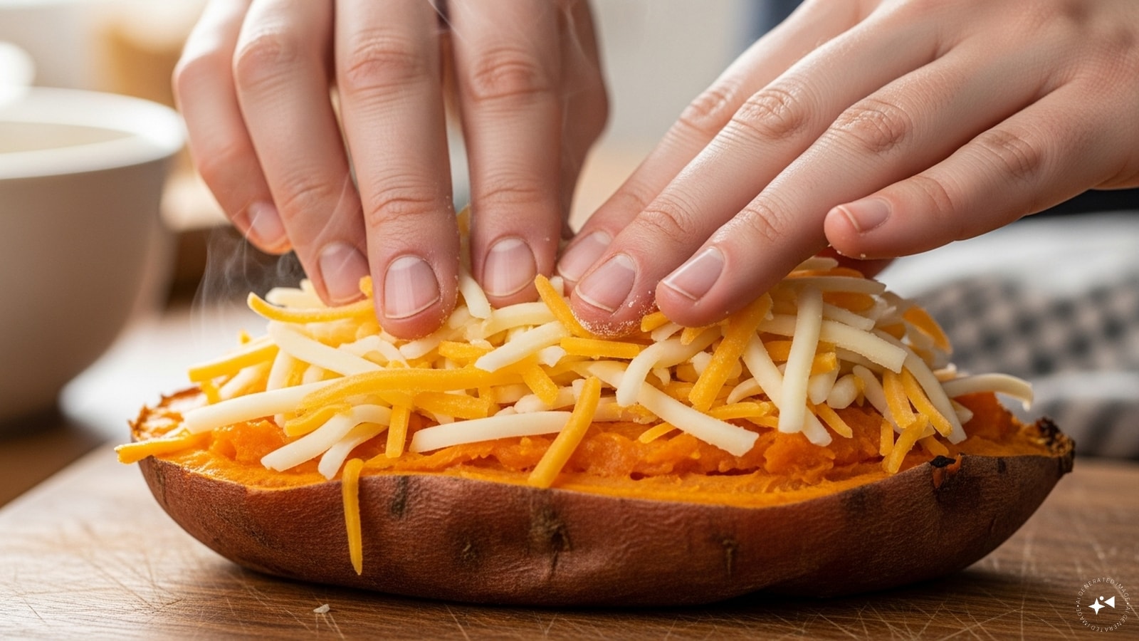  Then, press the mozzarella and cheddar cheese firmly into the flesh of the sweet potato. 