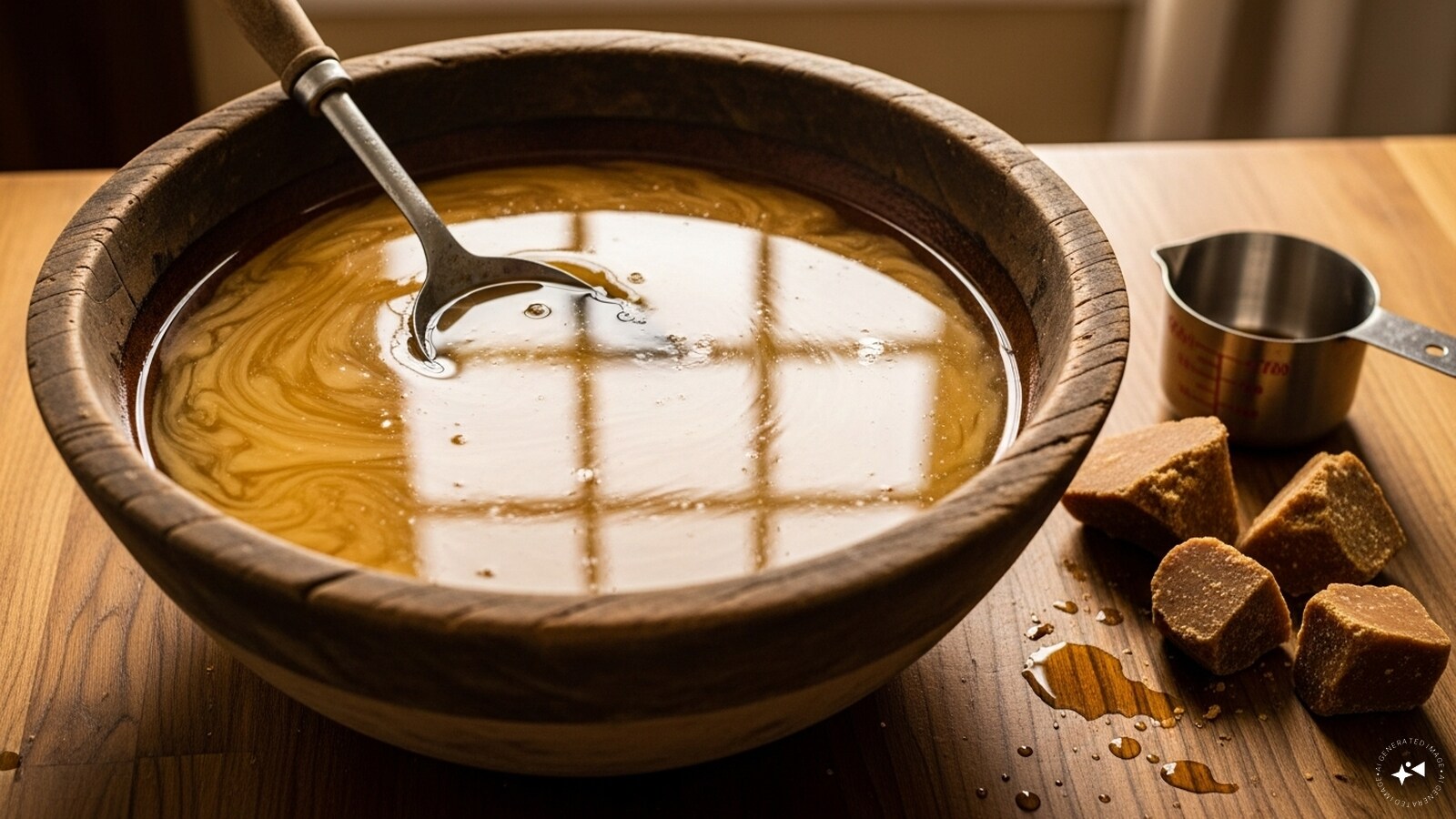 Firstly, dissolve the jaggery in 10 cups of water in a large mixing bowl. 