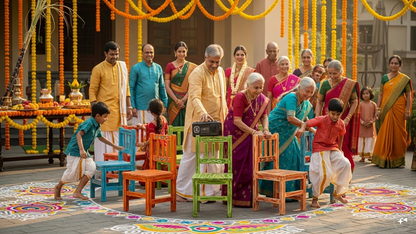 Musical Chairs: Add a musical chairs game to your festivities. With upbeat music, playful competitiveness, and lots of laughter, this game is perfect for both kids and adults to enjoy together during Pongal gatherings.