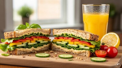   Veggie Hummus Sandwich: Hummus, cucumber, bell peppers, and leafy greens between multigrain bread. A plant-based, refreshing, and filling option that’s perfect for health-conscious individuals on busy mornings.
