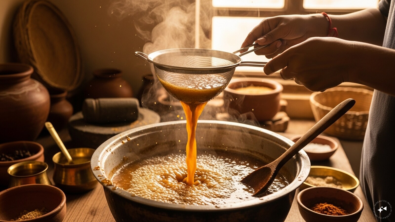 Now, strain the mixture into the jaggery water. 