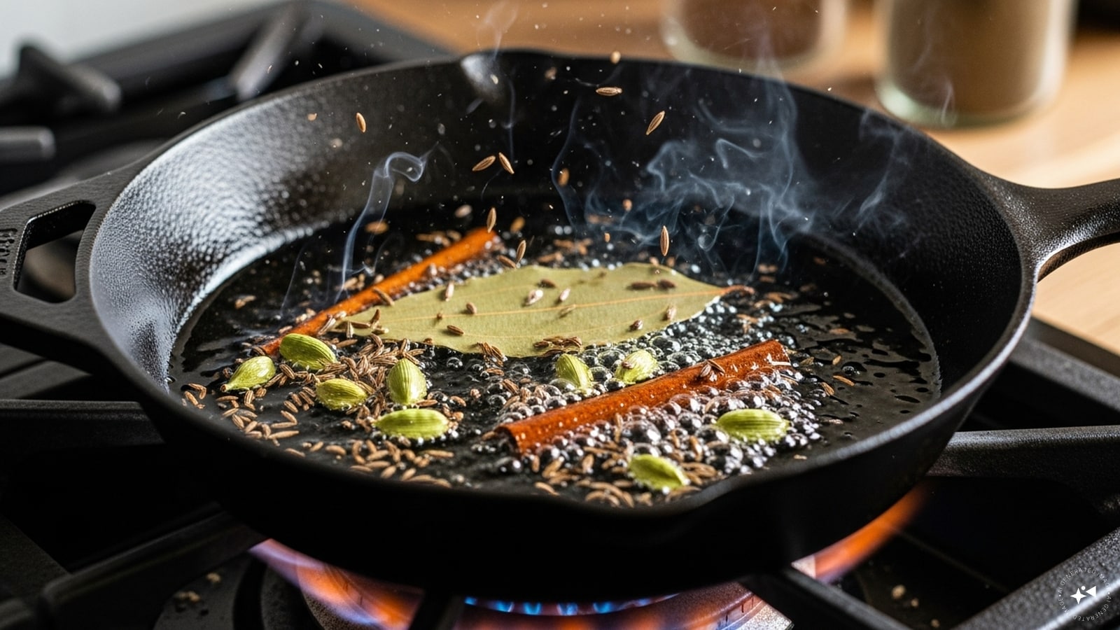  Then, heat some oil and saute cumin seeds, bay leaf, green cardamom, and cinnamon stick. 