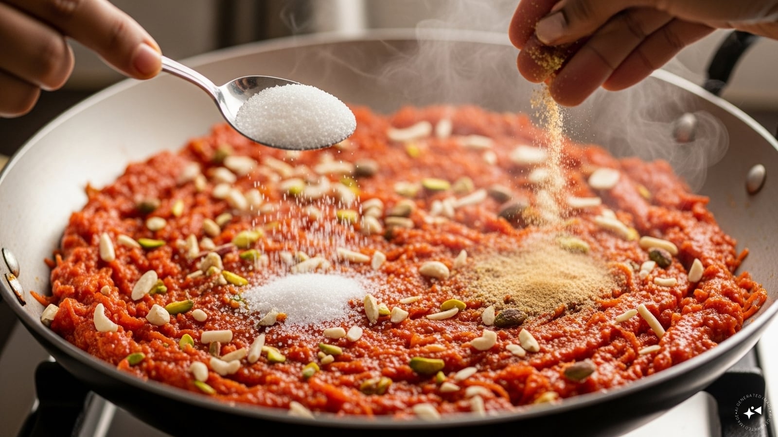 Sweeten and perfume: Add sugar and cardamom powder. The mixture will loosen as sugar melts; keep cooking on medium-low, stirring frequently. After 8-12 minutes, it will thicken again and start to look glossy.