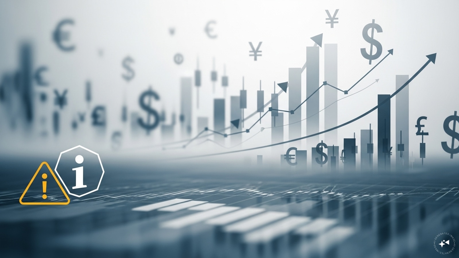 A neutral, professional financial disclaimer visual featuring a soft-focus background of abstract financial elements such as blurred charts, graphs, and currency symbols. Include a subtle warning or information icon, muted colors like grey, blue, and white, and a clean, minimal design. The image should convey caution, responsibility, and informed decision-making, without showing any specific brand logos, faces, or identifiable individuals. Suitable for a news website disclaimer section.