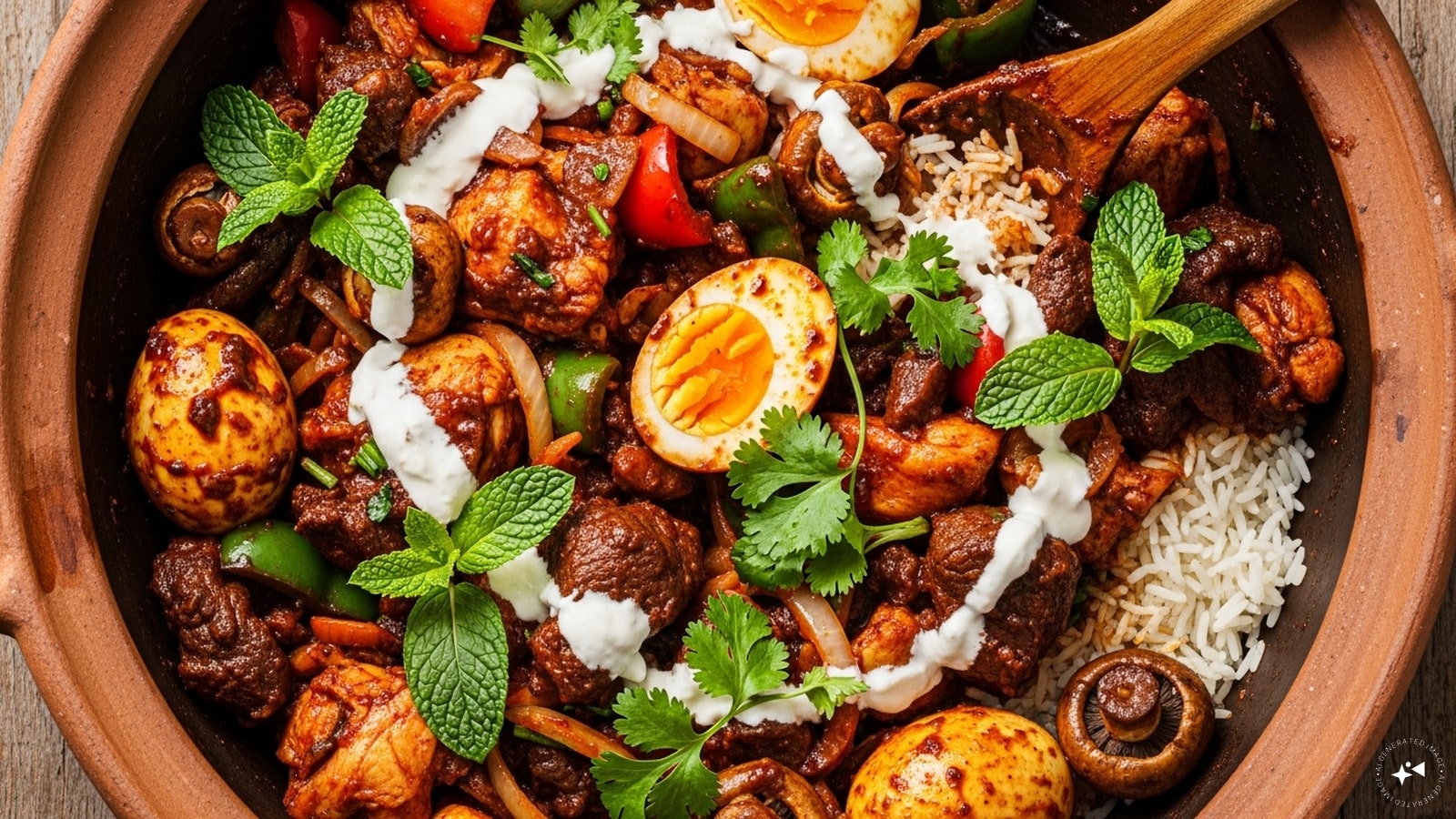 Mix in all the species, marinated eggs, curd, soaked rice, mint leaves, and coriander leaves. 