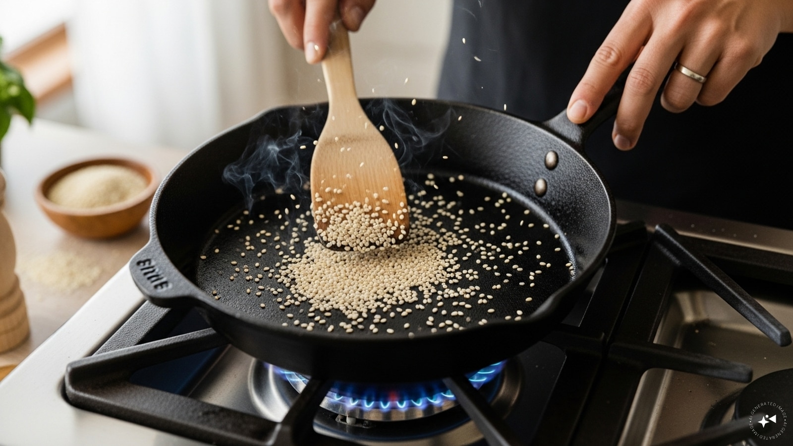 Take a pan and dry roast some sesame seeds on low heat until they puff a little and release a nutty aroma.