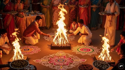 Families celebrate Bhogi by lighting Bhogi Mantalu bonfires, creating Rangolis, and performing traditional rituals across South India.