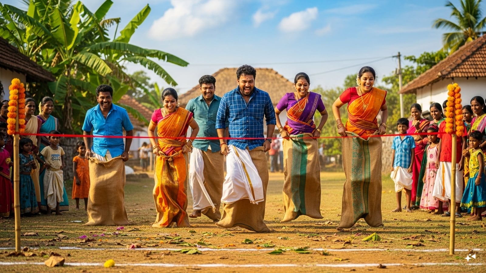 Sack Race: Organize a classic sack race where participants hop toward the finish line in jute sacks. This simple yet entertaining game sparks laughter, keeps everyone active, and adds a nostalgic touch to the Pongal celebrations.
