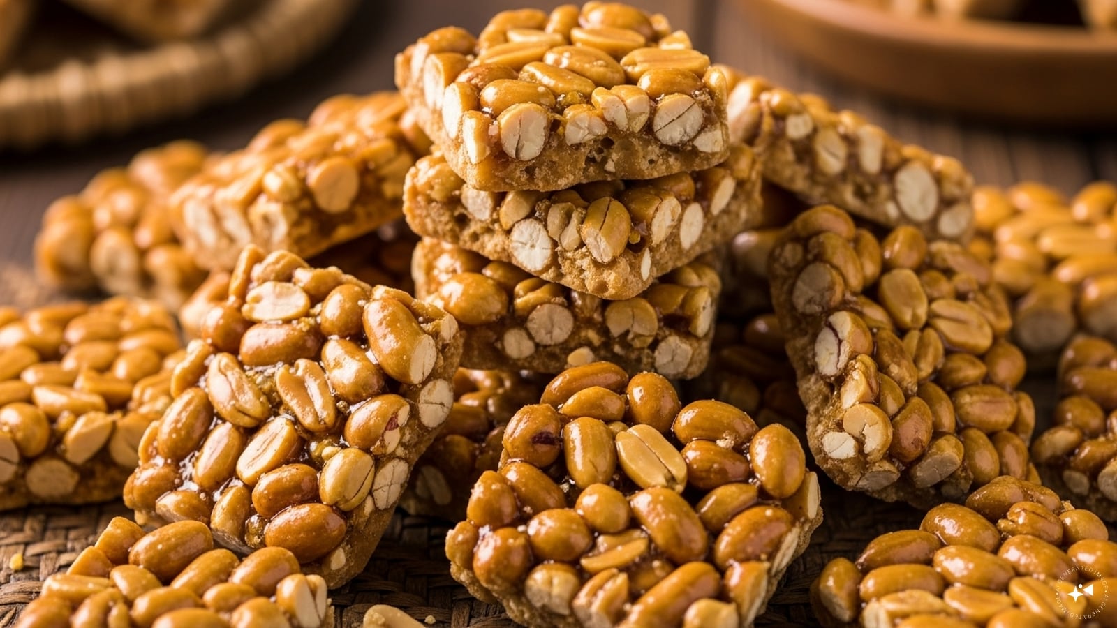 Peanuts Chikki: Crunchy peanut brittle made with jaggery, symbolizing good fortune. Sweet, nutty, and addictive, this traditional snack is simple to prepare and loved by everyone around the bonfire.