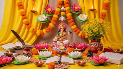    DIY Saraswati Altar Decor: Decorate the pooja area with handmade paper lotus flowers, small diyas, and yellow cloth backdrops. Personal touches make the altar look inviting and festive.