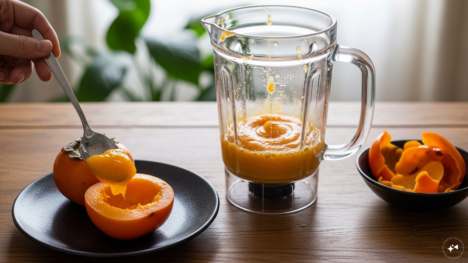 Method: Scoop out the flesh of ripe persimmons and discard the skin. Blend the persimmon pulp until smooth.