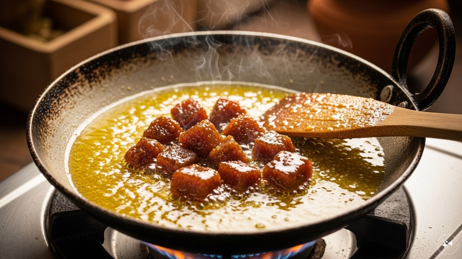 Then, heat ghee in a pan and add jaggery to it. Melt it on low flame until it turns smooth, glossy and bubbles. 