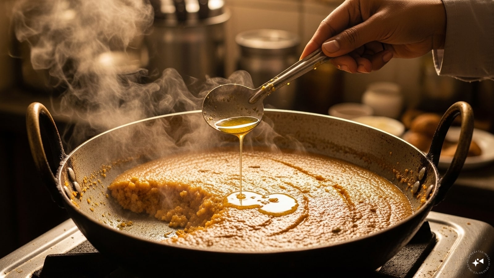  Add ghee gradually while stirring till the halwa is off the pan’s surface from one side. 