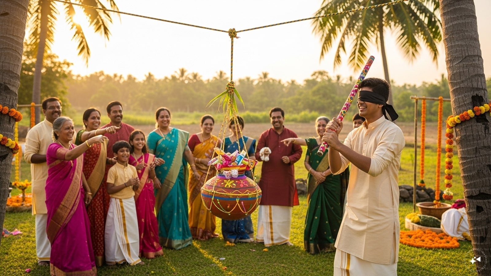 Pot-Breaking Game: Inspired by traditional games, hang a clay pot filled with treats and challenge family members to break it while blindfolded. It’s energetic, fun, and filled with laughter, perfect for keeping children and adults engaged outdoors.