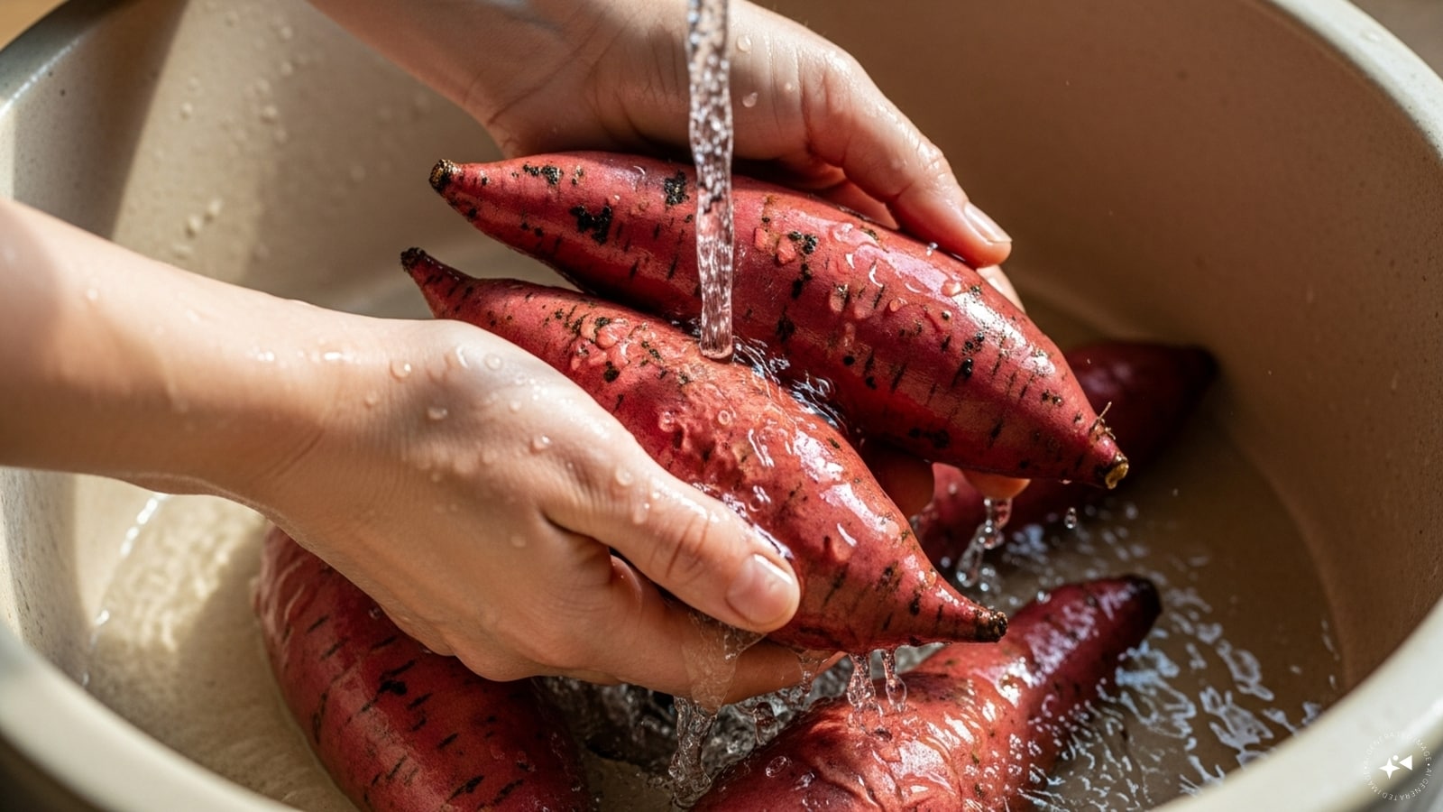  Begin by washing the sweet potatoes thoroughly to remove any dirt. Once clean and dry, use a fork to poke holes all over, ensuring even cooking and allowing steam to escape while baking.