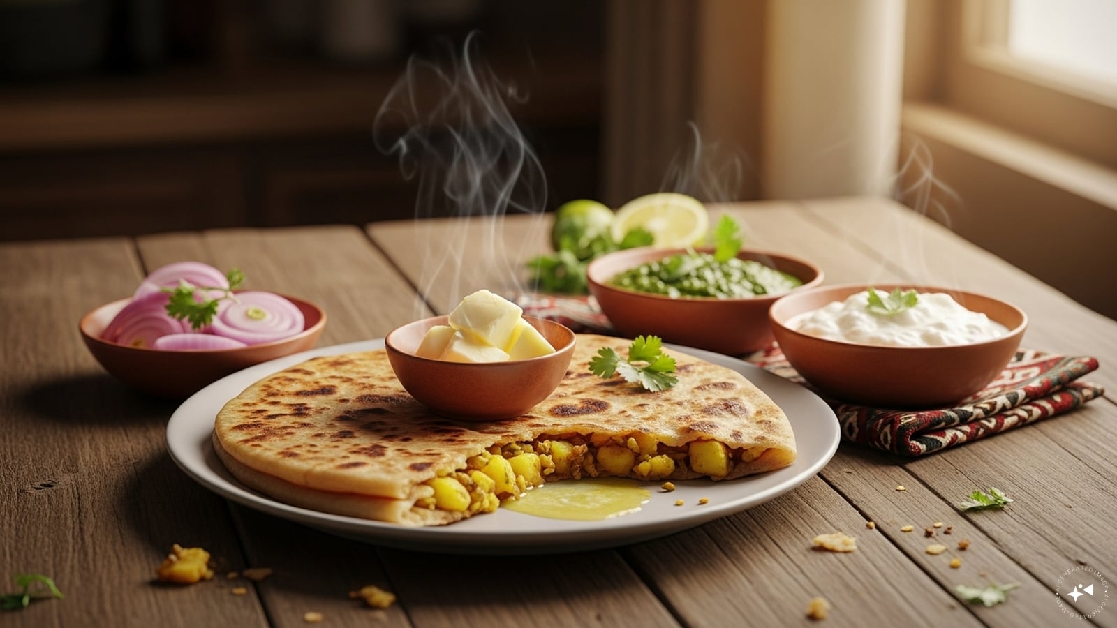 Aloo Paratha (India): India’s aloo paratha is a stuffed flatbread filled with spiced mashed potatoes, pan-cooked with ghee until crisp. Served with butter, yogurt, or pickle, it’s hearty, warming comfort food, especially beloved for breakfast in northern households during cold winter mornings there.