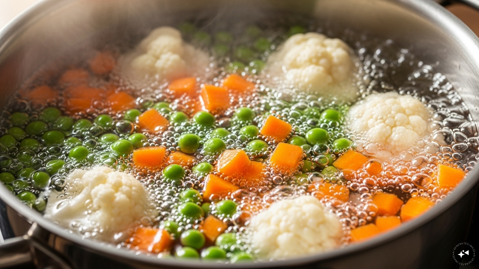  Incorporate the vegetables like peas, carrots, and cauliflower. Add some water and boil. 
