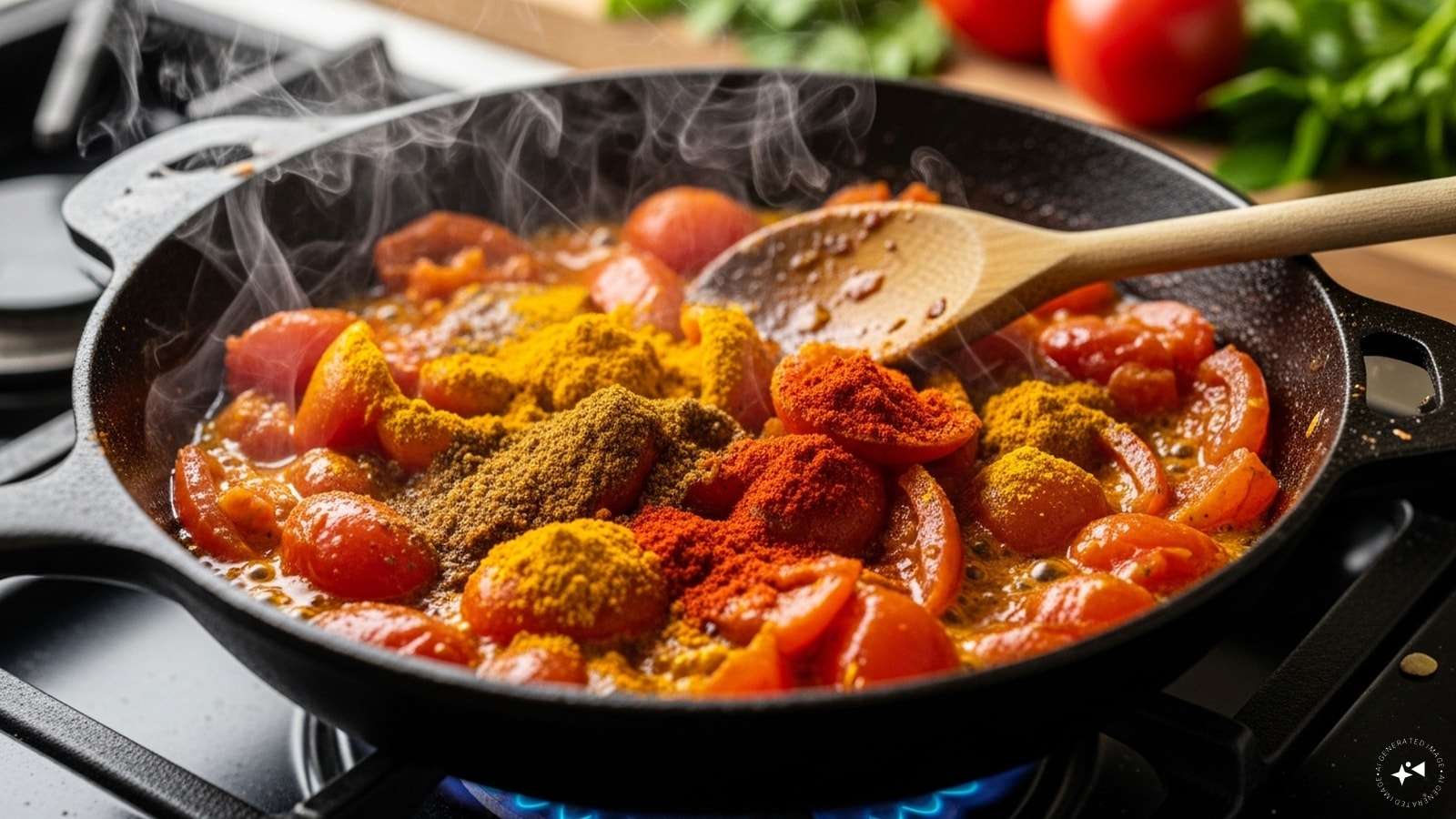  Mix in tomatoes and cook until soft. Add turmeric powder, red chilli powder, and garam masala. 