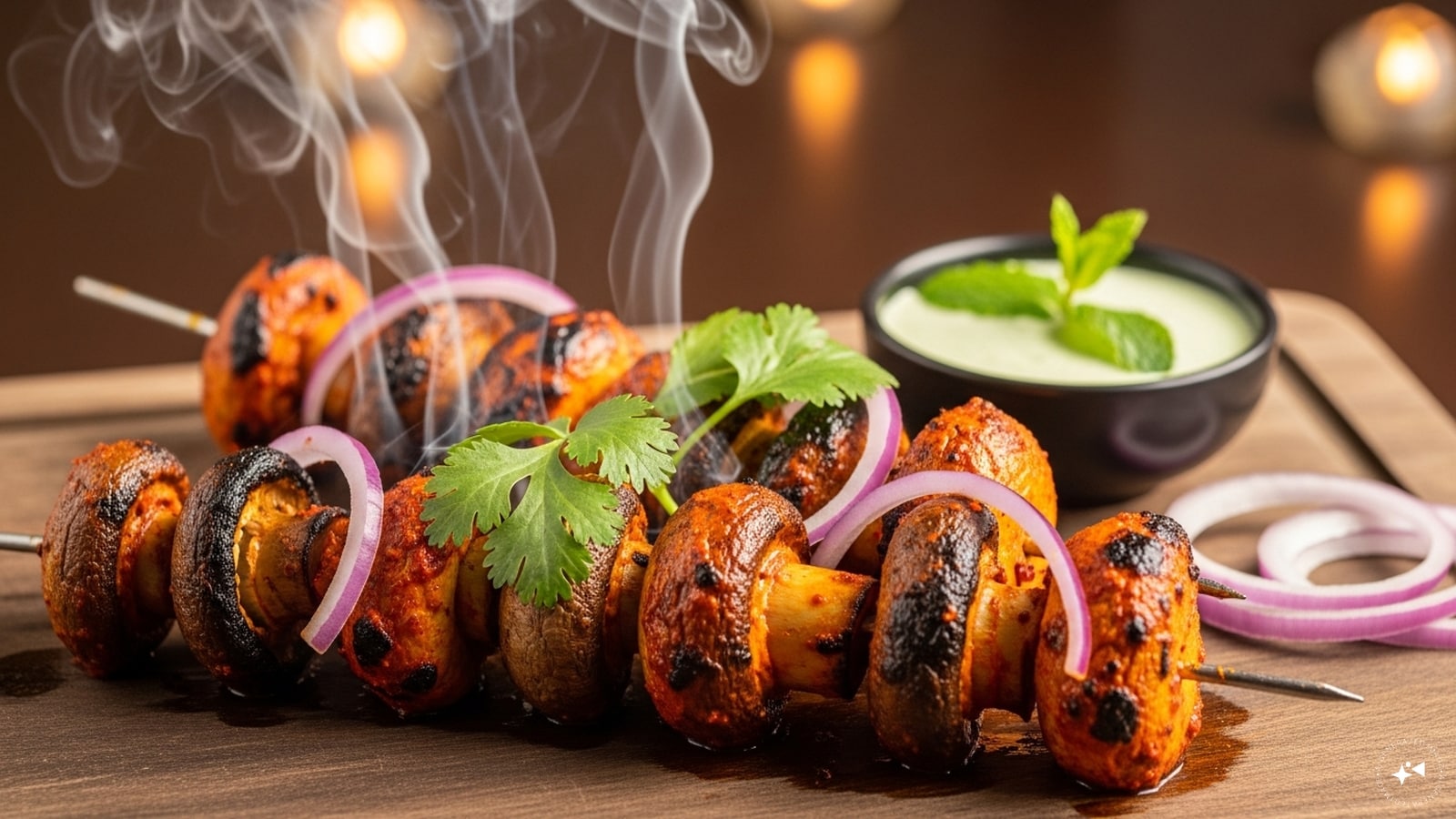 Tandoori Khumb: Mushrooms are marinated in a thick mixture of hung curd, ajwain, and Kashmiri red chili powder before being skewered. Once roasted in a clay oven, they develop a smoky char that makes them an irresistible appetizer.
