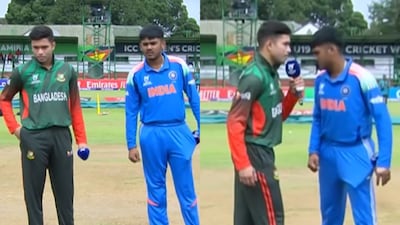 Ayush Mhatre (in blue) and Zawad Abrar during the toss. (Screengrab/StarSportsIndia)
