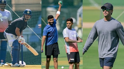 (From left) Ishan Kishan., Jasprit Bumrah, Suryakumar Yadav and Abhishek Sharma during the practice session in Nagpur on Sunday. (PTI Photo)