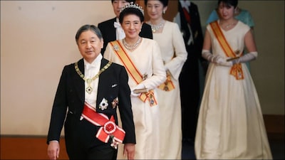 Japan's Emperor Naruhito (left), Empress Masako (second from left) and other members of the imperial family at the New Year celebration ceremony. (AFP)